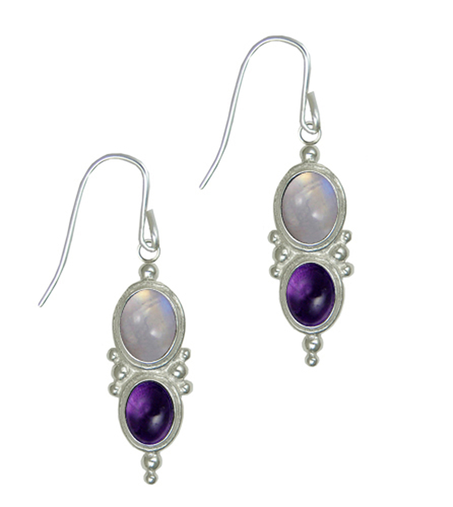 Sterling Silver Drop Dangle Earrings With Rainbow Moonstone And Amethyst